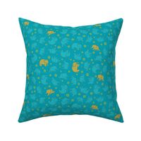 Elephants and Daisies - Mustard and aqua on turquoise