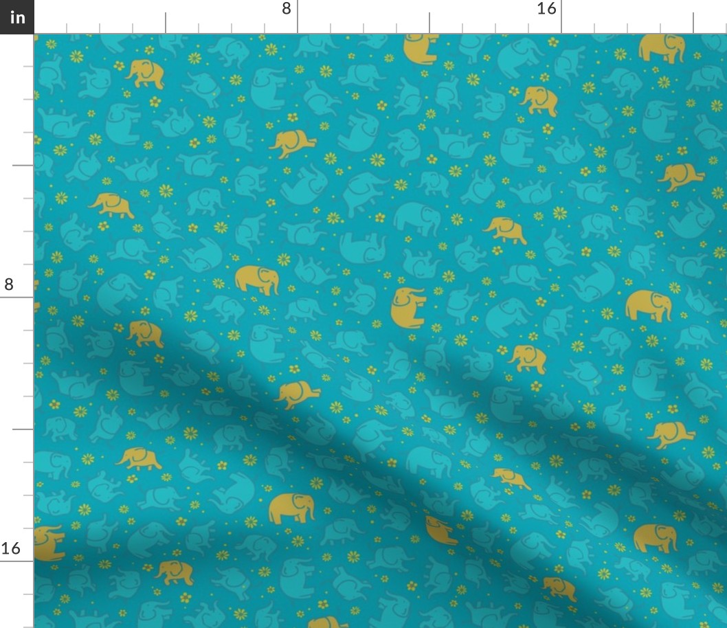 Elephants and Daisies - Mustard and aqua on turquoise