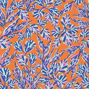 Wild Plants botanical leaves in pink and blue on orange abstract mid scale