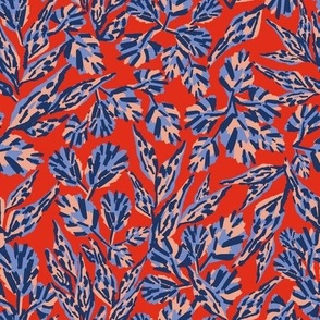 Wild Plants botanical leaves in pink and blue on red abstract mid scale