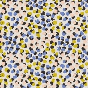 Spring polka dots painted spots in pastel blue, citron, pink pale background