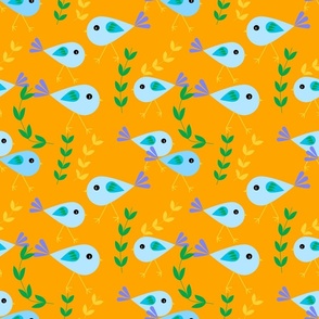 Folk Art Geometric Blue Birds on Orange