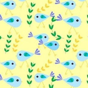 Folk Art Geometric Blue Birds on Yellow