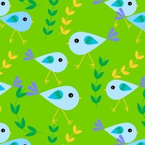 Folk Art Geometric Blue Birds on  Green