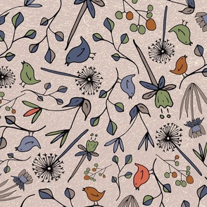 Flowers and Birds, Beige, X-Large Scale, 24 inch repeat, Orange, Blue, Green