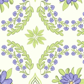 Large scale Lilac Honeydew floral damask vertical pattern