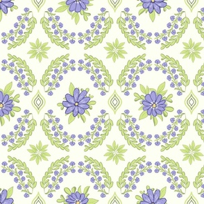 Small scale Lilac Honeydew floral damask vertical pattern