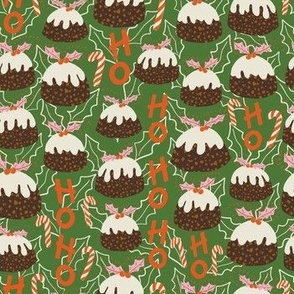 Christmas Figgy Puddings holiday pattern in Green and red small scale