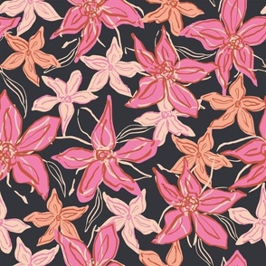 Modern Pink Clematis Flowers Floral print  large scale on off black
