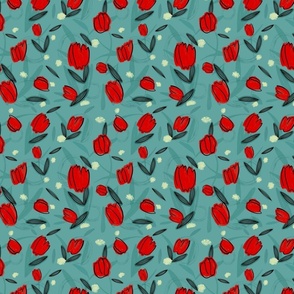 Floral Modern Retro Tulips Red Turquoise Blue white  