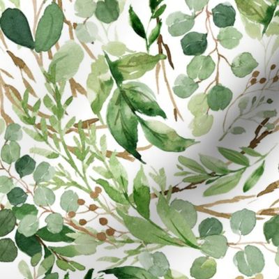 Watercolor Greenery Eucalyptus Leaves & Twigs {White} Medium Scale