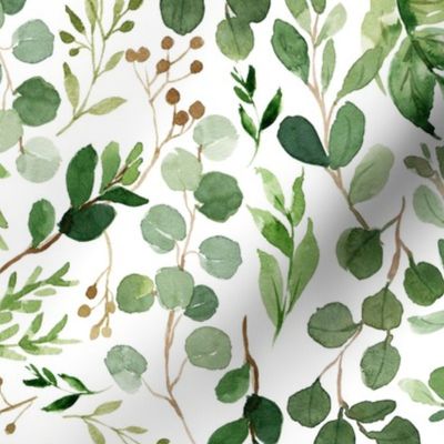 Watercolor Botanical Eucalyptus & Green Leaves {White} Large Scale