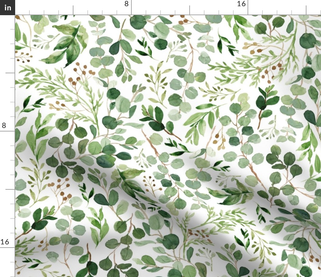 Watercolor Botanical Eucalyptus & Green Leaves {White} Large Scale