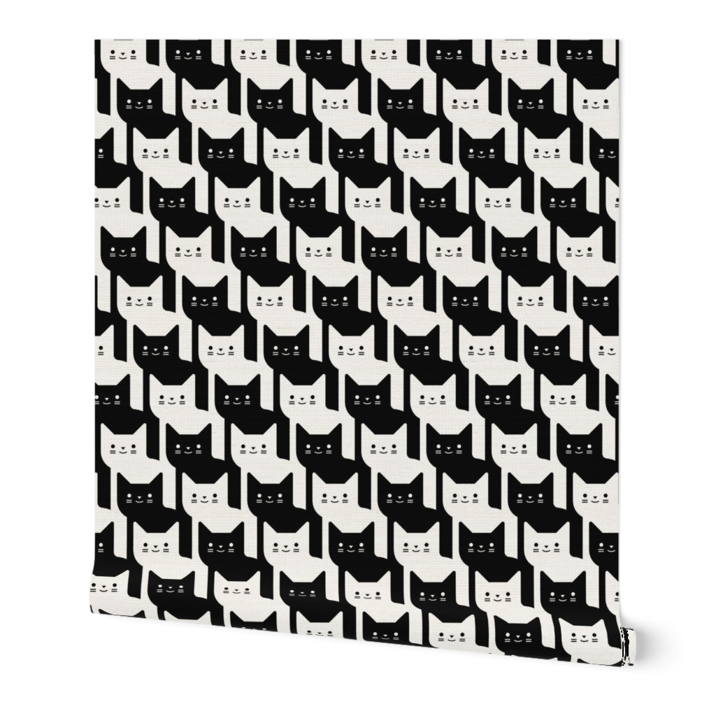 Catstooth- Houndstooth with Cats Large- Black and White Geometric Cats- Cute Cat Fabric- Classic Modern Wallpaper- Pied de Poule