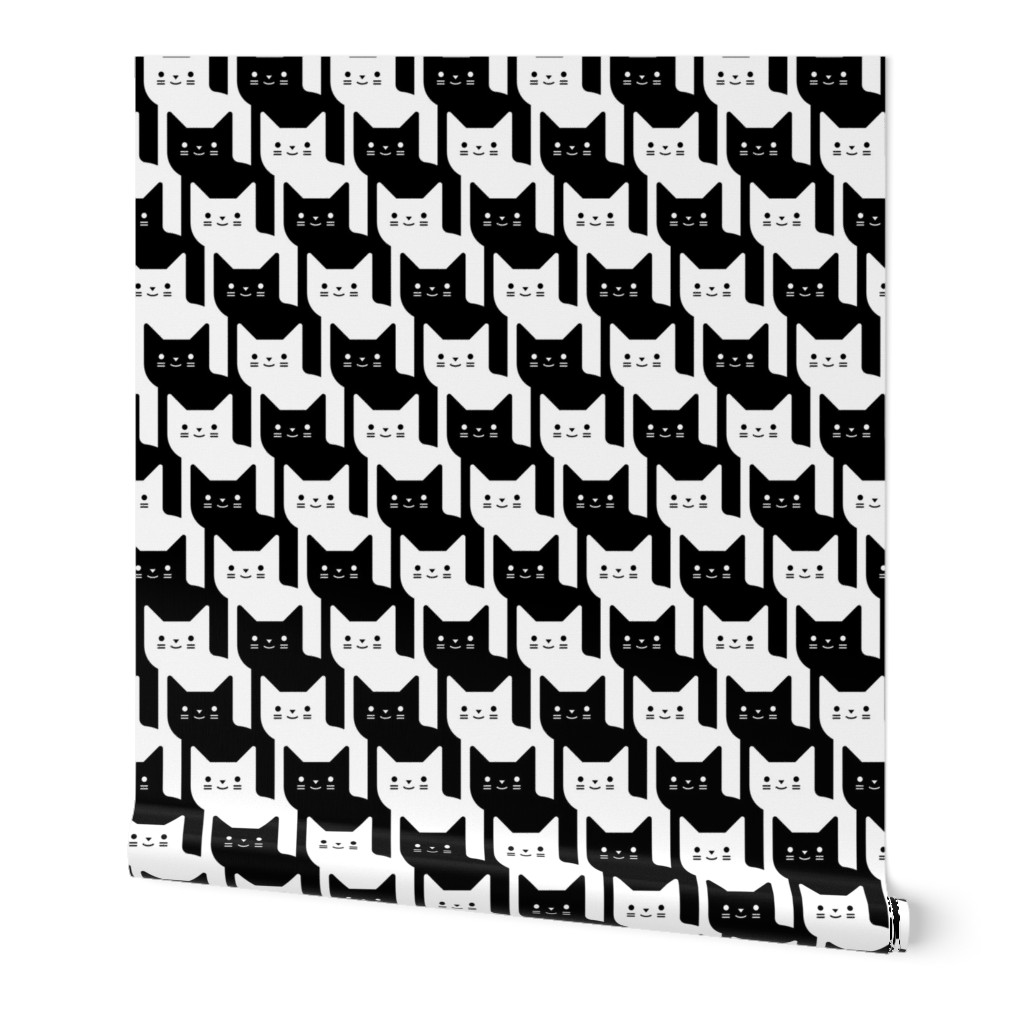 Catstooth- Houndstooth with Cats Large- Black and White Geometric Cats- Cute Cat Fabric- Classic Modern Wallpaper- Pied de Poule