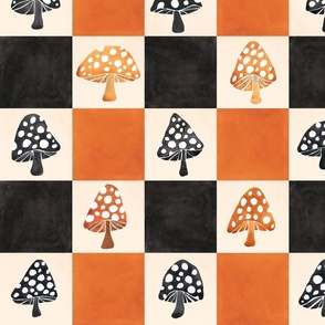 Halloween Mushroom Checks Checkerboard - Large Scale - Black and Orange