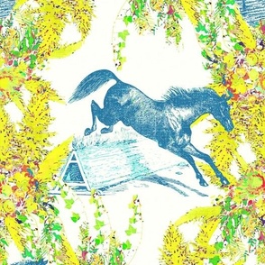 Vintage Equestrian Toile, Yellow and Bluebird Blue