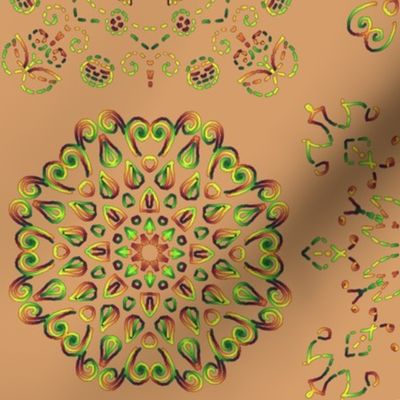 Kaleidoscope Cheater in Green Red and Yellow on Sandy Beige