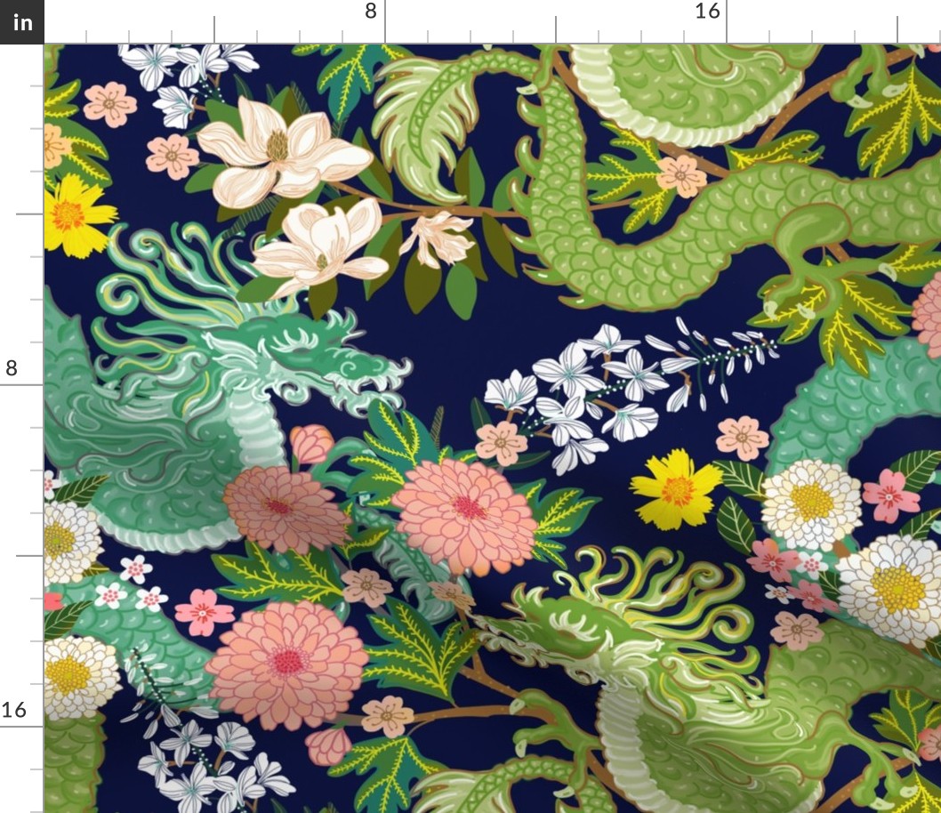 CHIANG MAI navy blue with two tone dragons and softer pink flowers