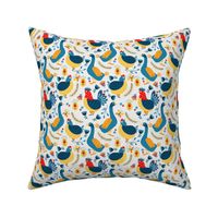 Scandinavian maximalist folk art chicken geese and roosters yellow  - 4.5 inch cobalt blue red