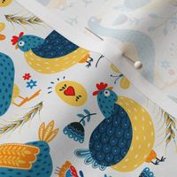 Scandinavian maximalist folk art chicken geese and roosters yellow  - 4.5 inch cobalt blue red