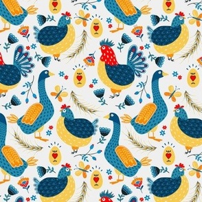 Scandinavian maximalist folk art chicken geese and roosters yellow  - 4.5 inch cobalt blue red