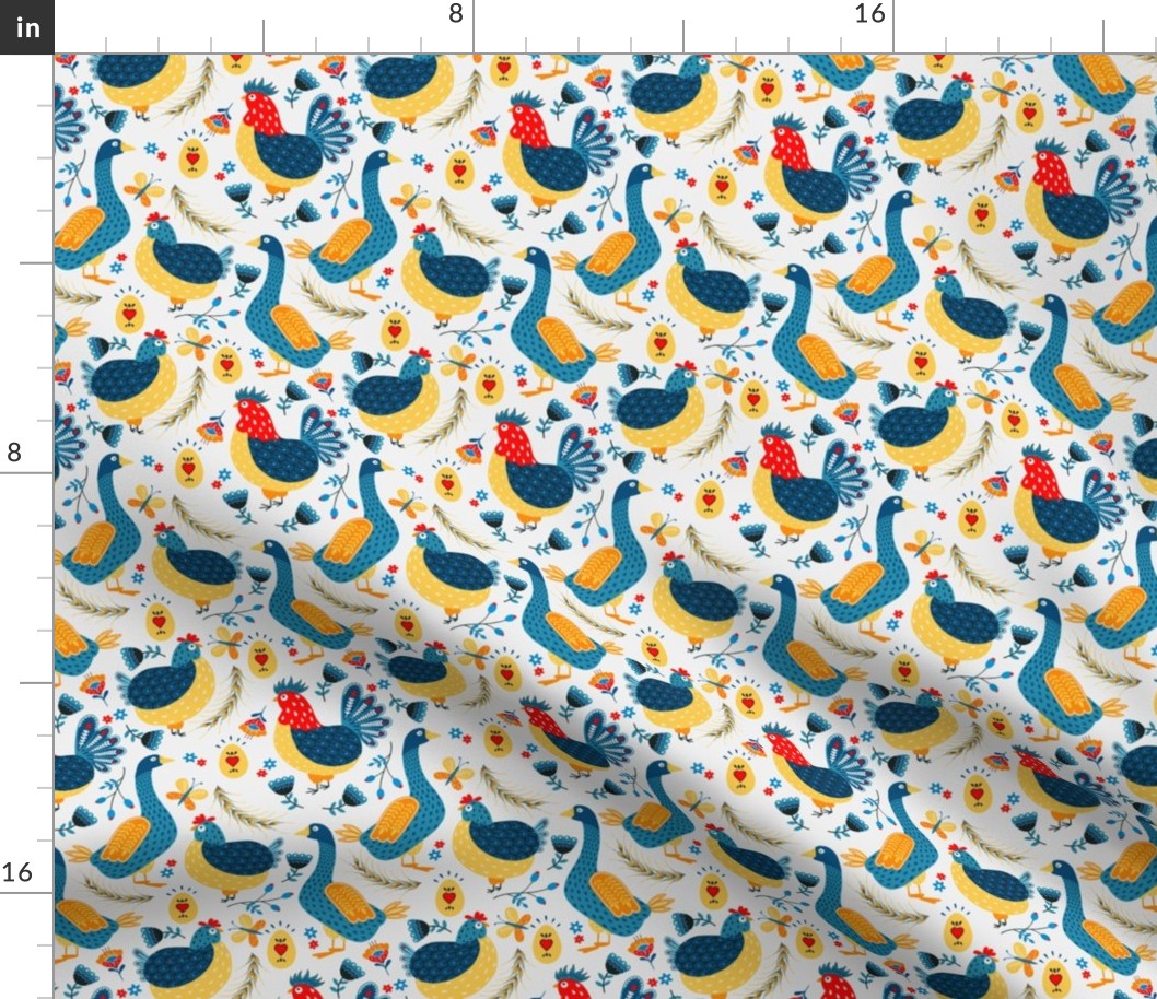Scandinavian maximalist folk art chicken geese and roosters yellow  - 4.5 inch cobalt blue red