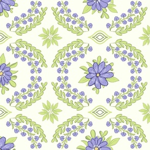 Medium scale floral damask horizontal in lilac and honeydew 
