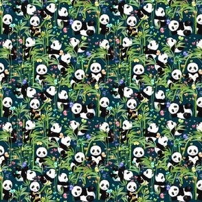 Small scale, Cheerful panda with bamboo, dark green background