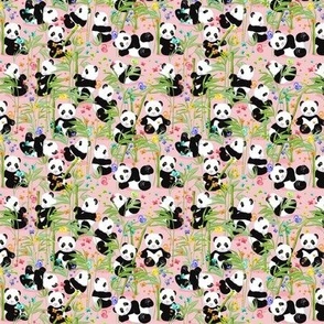 Small scale, Cheerful panda with bamboo, light pink background