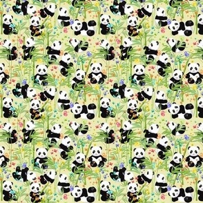 Small scale, Cheerful panda with bamboo, light yellow background