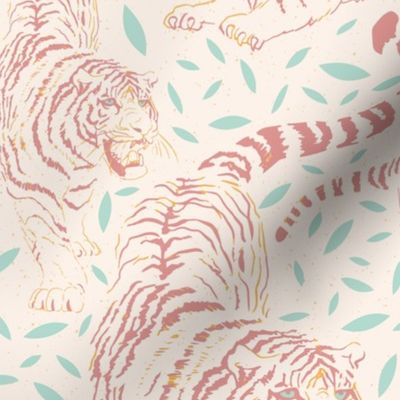 medium/large | yawning and roaring tigers in old rose copper surrounded by pale teal confetti of leaves
