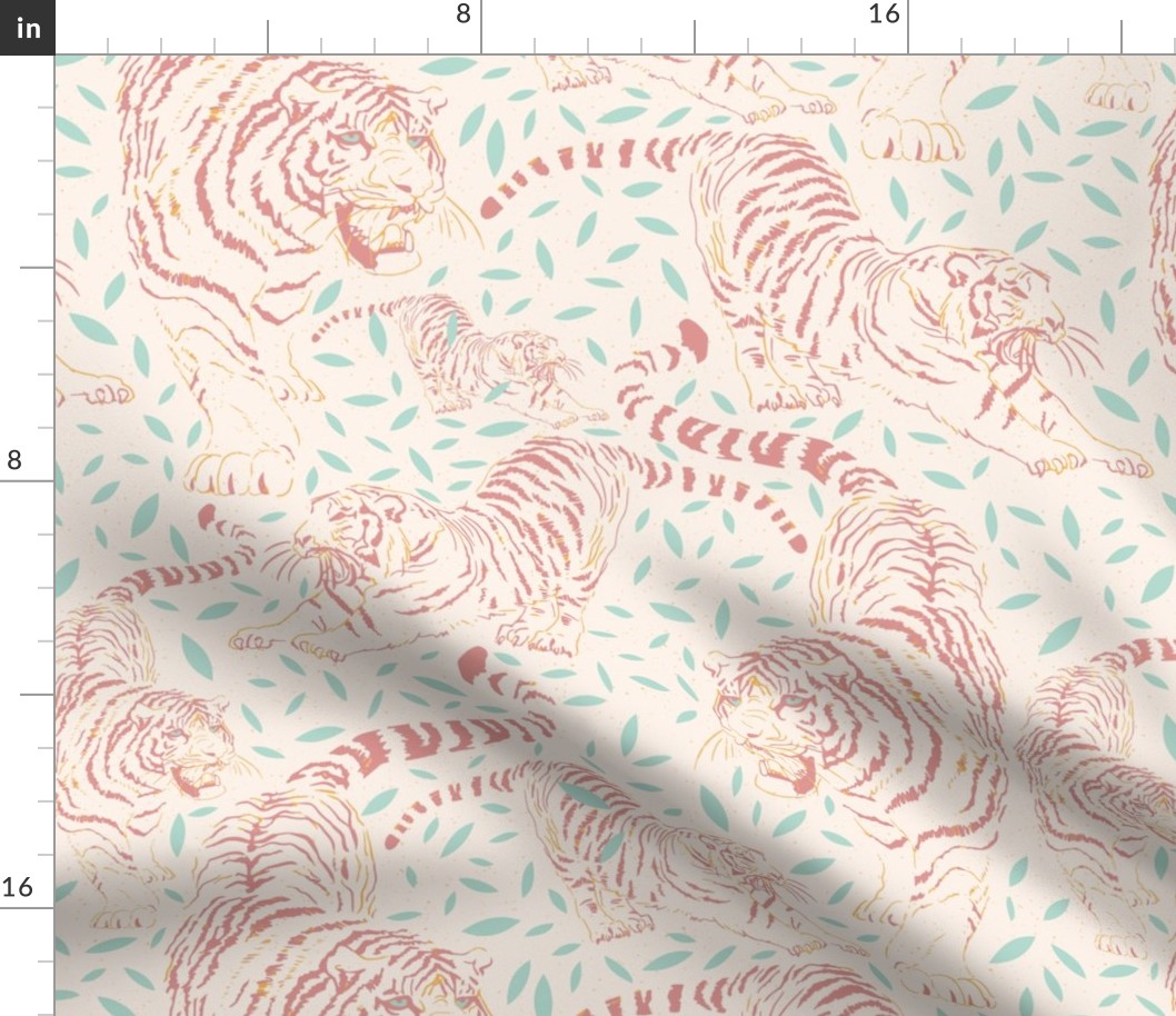 medium/large | yawning and roaring tigers in old rose copper surrounded by pale teal confetti of leaves