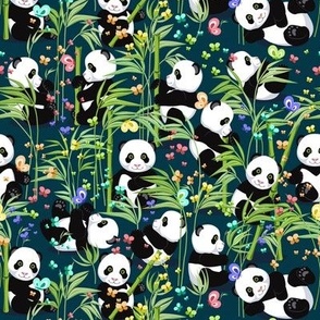 Average size, Cheerful panda with bamboo, dark green background