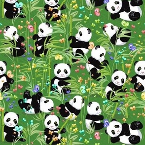 Average size, Cheerful panda with bamboo, green background