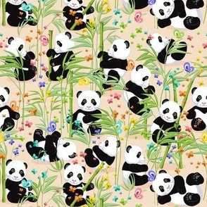 Average size, Cheerful panda with bamboo, light orange background
