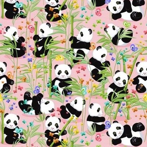 Average size, Cheerful panda with bamboo, light pink background