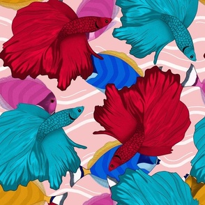 Tropical fish colored in red fucsia blue and yellow. Pink background with wavy white stripes. Large scale