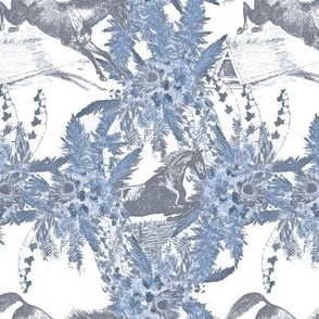 Vintage Equestrian Toile, Blue and Gray