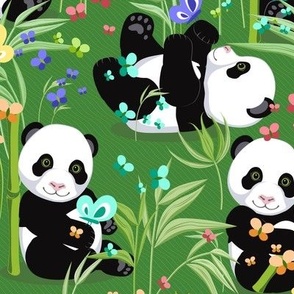 Large size, Cheerful panda with bamboo, green background