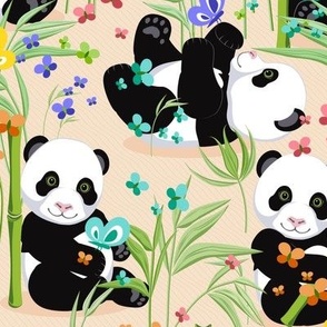 Large size, Cheerful panda with bamboo, light orange background