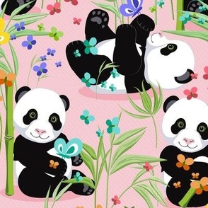 Large size, Cheerful panda with bamboo, light pink background