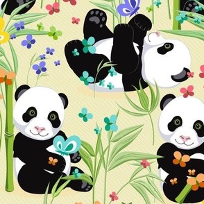 Large size, Cheerful panda with bamboo, light yellow background