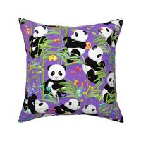 Large size, Cheerful panda with bamboo, bright purple background