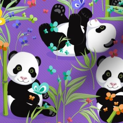 Large size, Cheerful panda with bamboo, bright purple background