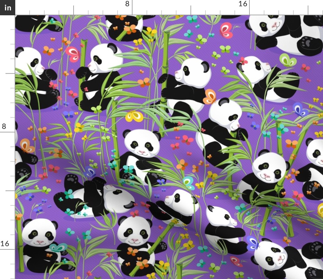 Large size, Cheerful panda with bamboo, bright purple background