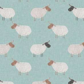 Sheeps in a blue linen background