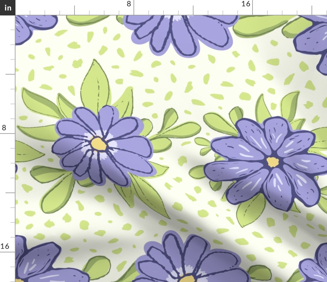 Large floral stripes of flowers and leaves in lilac and honeydew