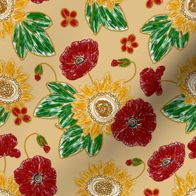 Ukrainian sunflower and poppy floral flower embroidery ethnic design