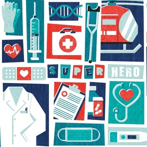 Large jumbo scale // Medicine super hero teamwork // red aqua navy teal black and white medicine and EMS related motifs